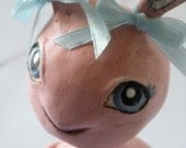 Pinky- OOAK Hand Sculpted Paper Clay Pink Spring Bunny with Chenille Tail and Blue Satin Bows