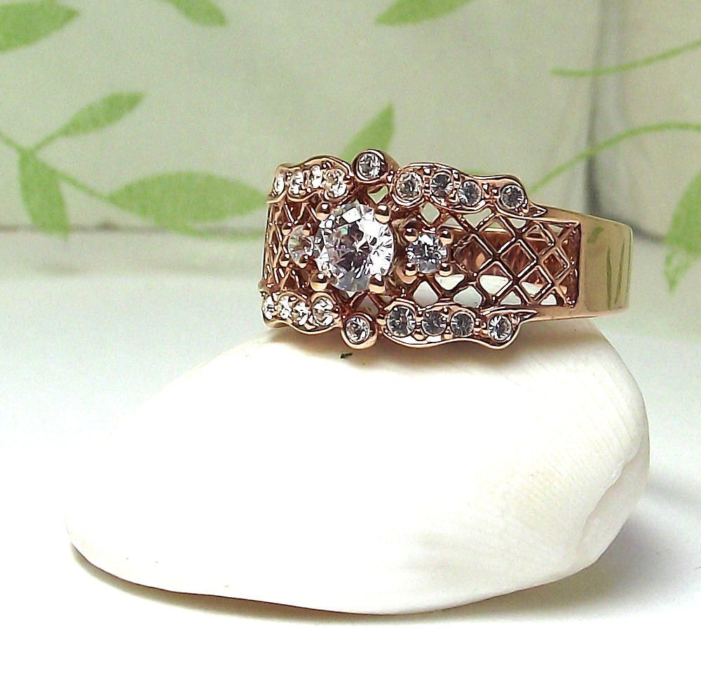 Vintage Costume Avon Ring - Gold Tone Filigree with Rhinestones - Size 10