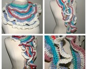 Crochet scarf in pastel shades, a melange of yarns great for spring or as a t shirt topper