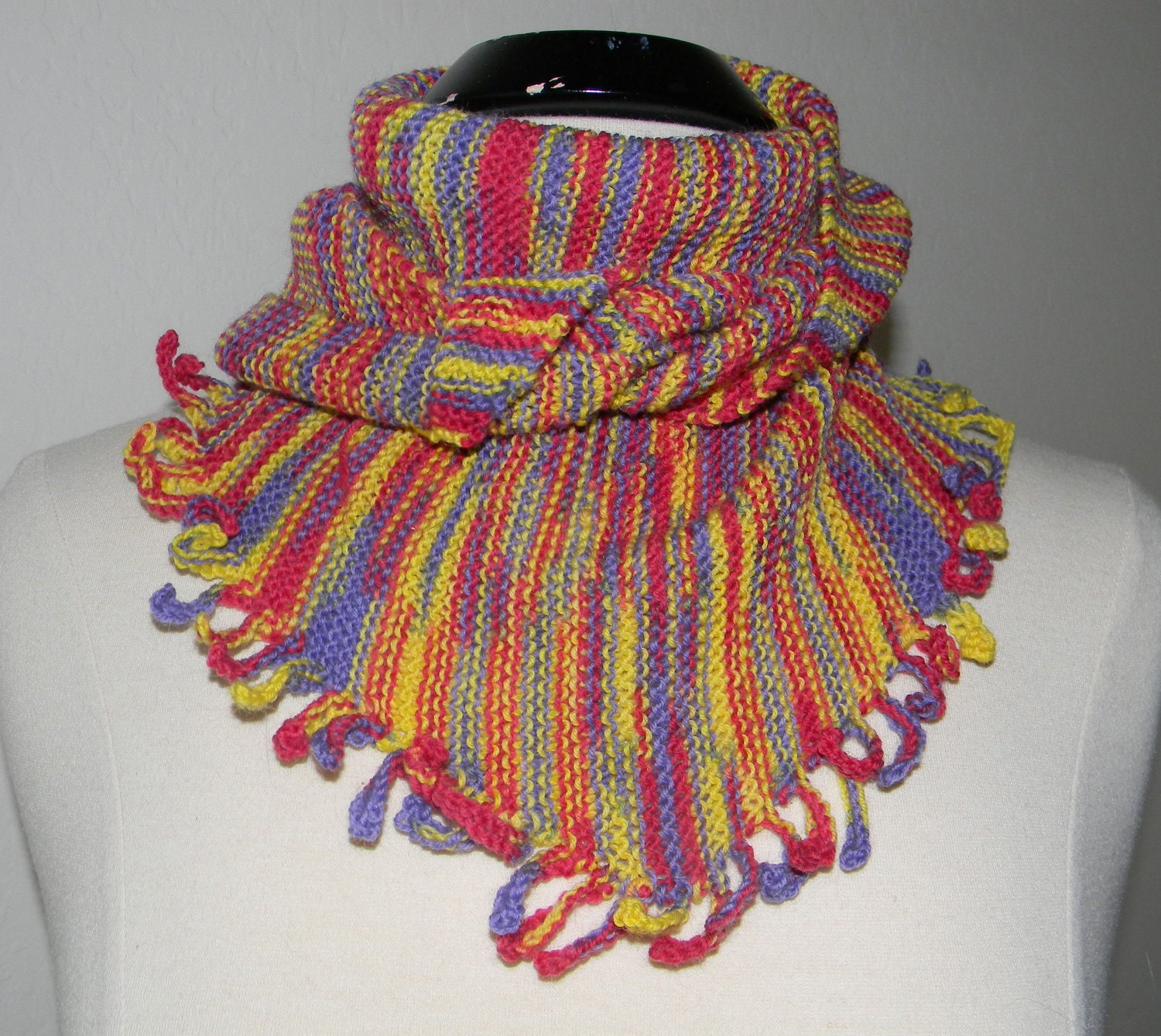 Hand knit triangular  scarf, Baktus scarf, in washable merino - lilac, yellow, orange