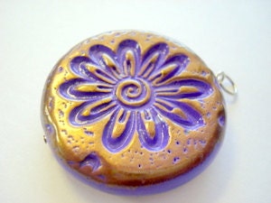 Reversible Fun Purple Flowers Handmade Polymer Clay Focal Bead or Pendant