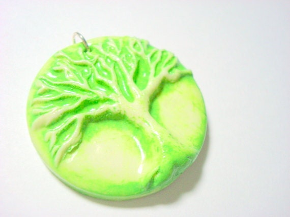 Light Green Faux Ceramic Tree of Life Handmade Polymer Clay Pendant