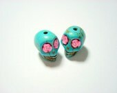 Pink Rose Eyes in Small Turquoise Day of The Dead Skull Beads-12mm