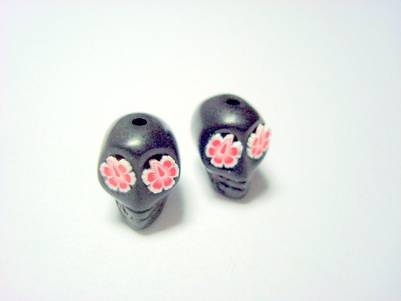 Red Hawaiian Hibiscus in Small Black Day of The Dead  Sugar Skull Beads-12mm
