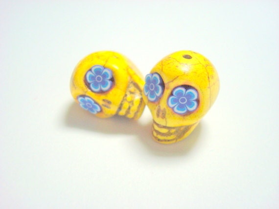 Blue Flower Eyes Sunny Yellow Howlite Day of the Dead Sugar Skull Beads