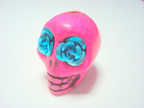 Gigantic Pink Howlite Skull Bead or Pendant with Turquoise Roses in Eyes