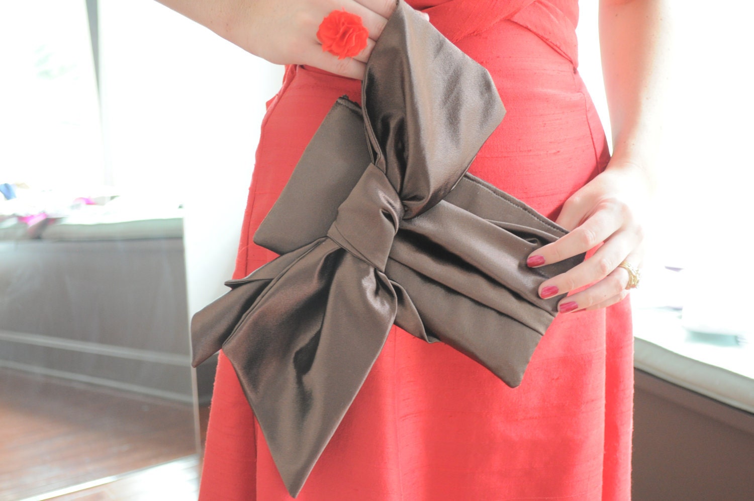 Chocolate Brown Clutch - The Elle Jane Clutch, chocolate brown satin formal wristlet, bride or bridesmaids big bow clutch purse, prom bag