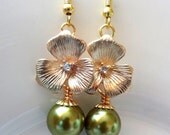 Green Earrings, Olive Earrings, Green Glass Pearl, Gold Flower,Bridesmaid Earrings, Flower Earrings