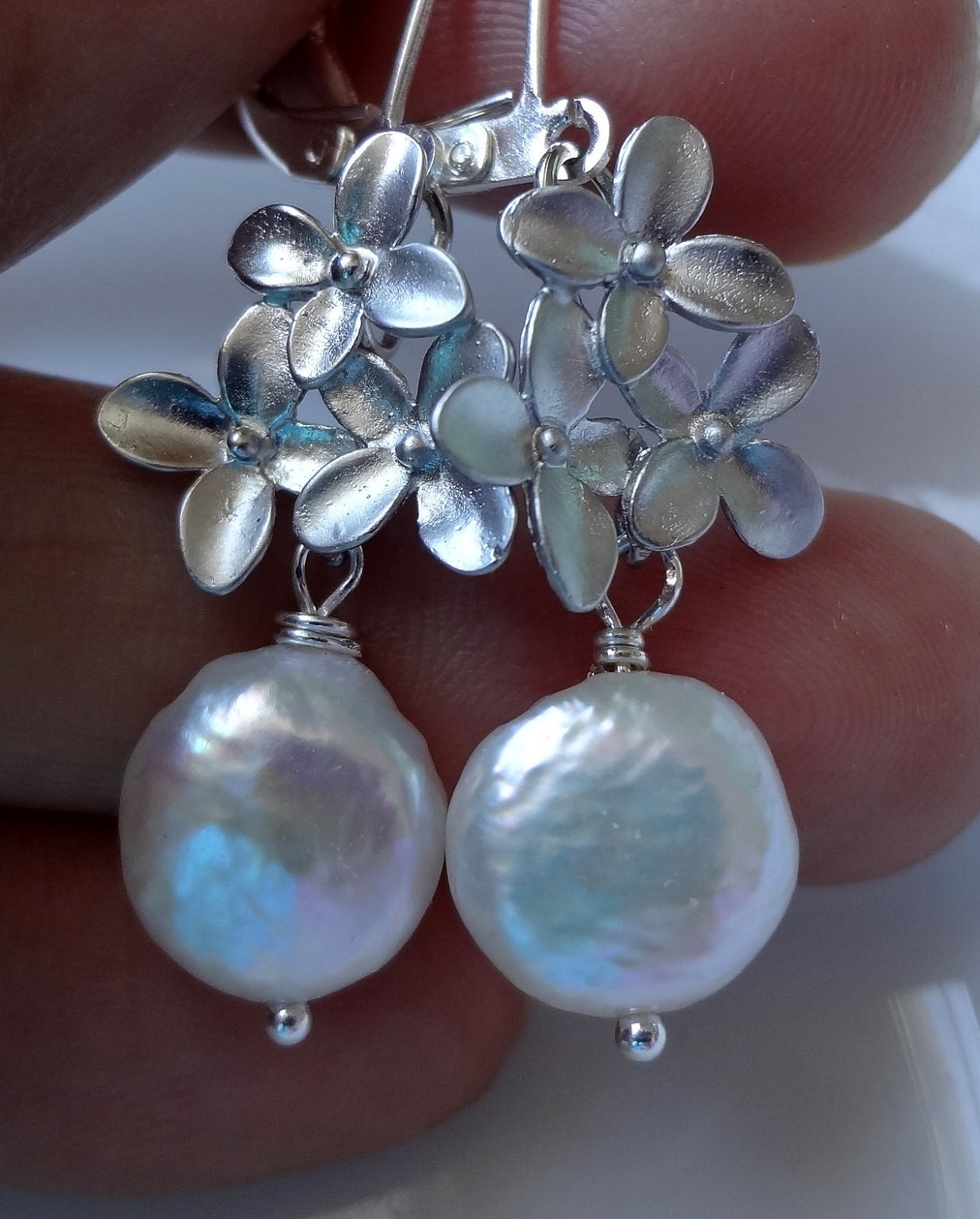 Coin Pearl Earrings, Silver Flower Earrings, Ivory Pearl Earrings, Bridesmaid Jewelry
