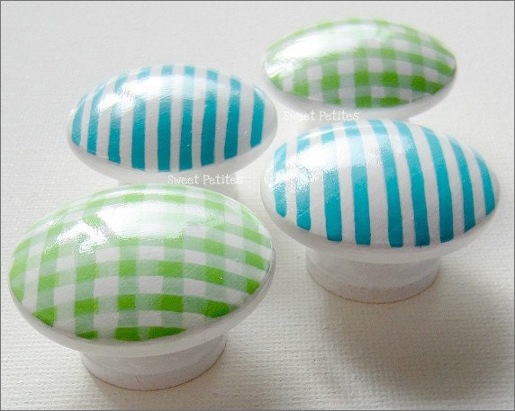 Hand Painted Knob Dresser Drawer Green Gingham Turquoise Stripes