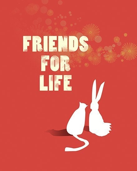 Rabbit Cat Art - Friends for Life (red) - 8x10