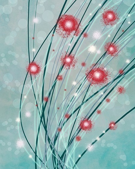 Flower Art Floral Print - Destiny (turquoise and red) 8x10 Print