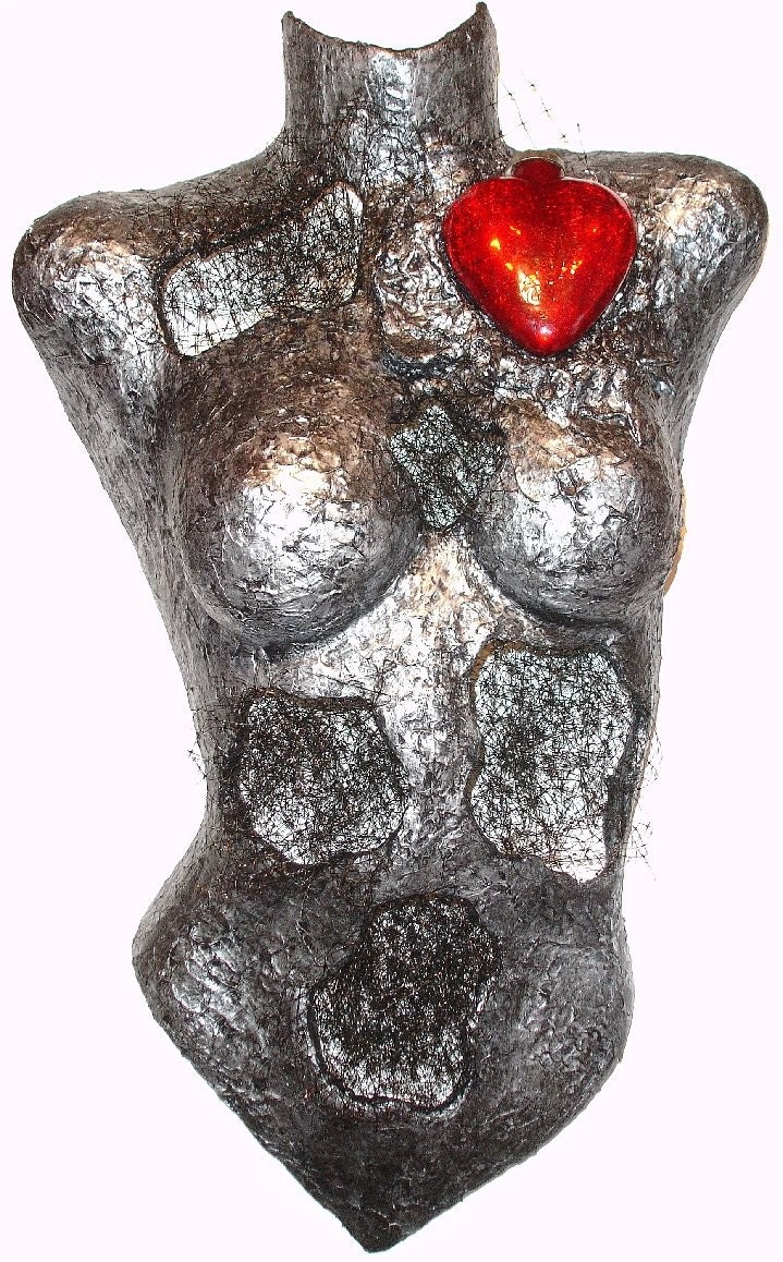 ENTANGLED mixed media female torso in silver and black with red glass heart