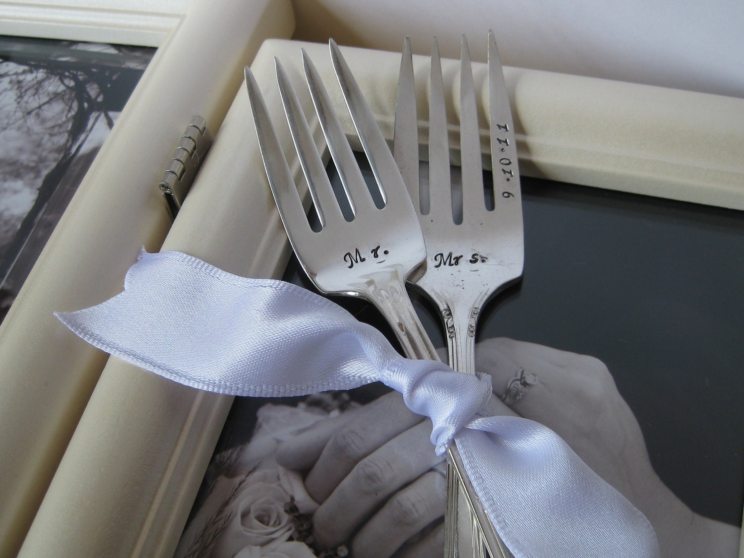 Vintage Upcycled I Do & Me too Wedding or Anniversary Silverplated Hand Stamped Cake Dessert Fork Set
