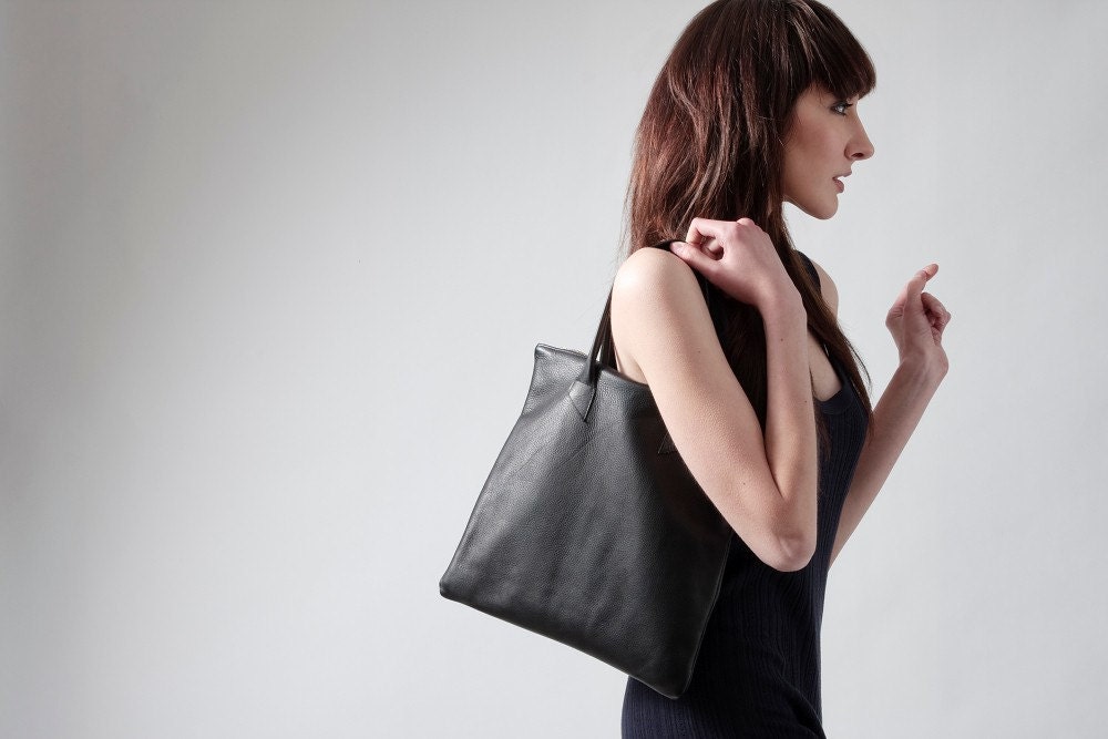 Leather Mini Shopper Tote in Black