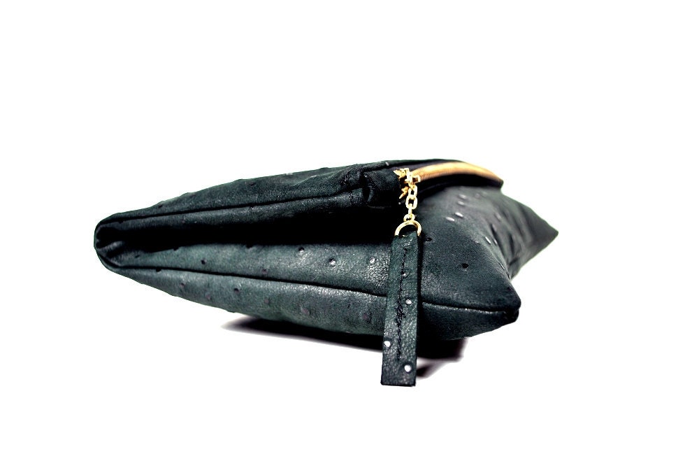 LAST ONE Oversized leather fold clutch in darkest grey ostrich