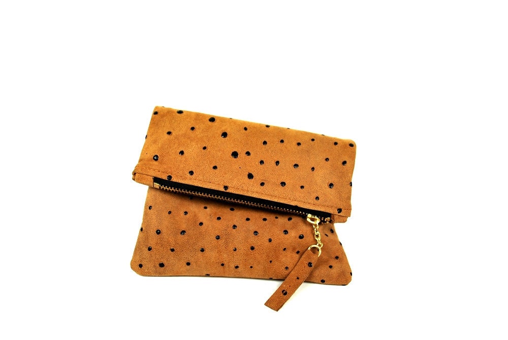 Leather mini fold clutch in tan ostrich Ready to Ship