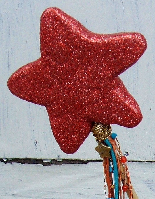Cinnabar & Turquoise Magic Stick Wand, Magic Wand, Paper Mache Star, Photobooth Prop, Upcycled, Art, Charms