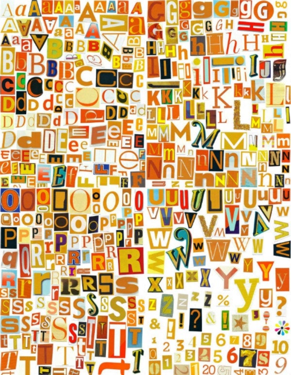 Printable Digital Alphabet, Orange Series, A to Z & 1-10 Magazine Letters, Upcycled, Cutout Letters, Collage Letters, Ransom Note
