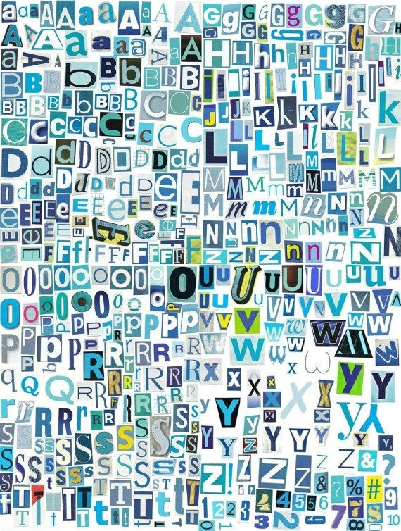 Printable Digital Alphabet - The Blues Series, A to Z, 1-10, Magazine, Upcycled, Cutout Letters, Blue Letters