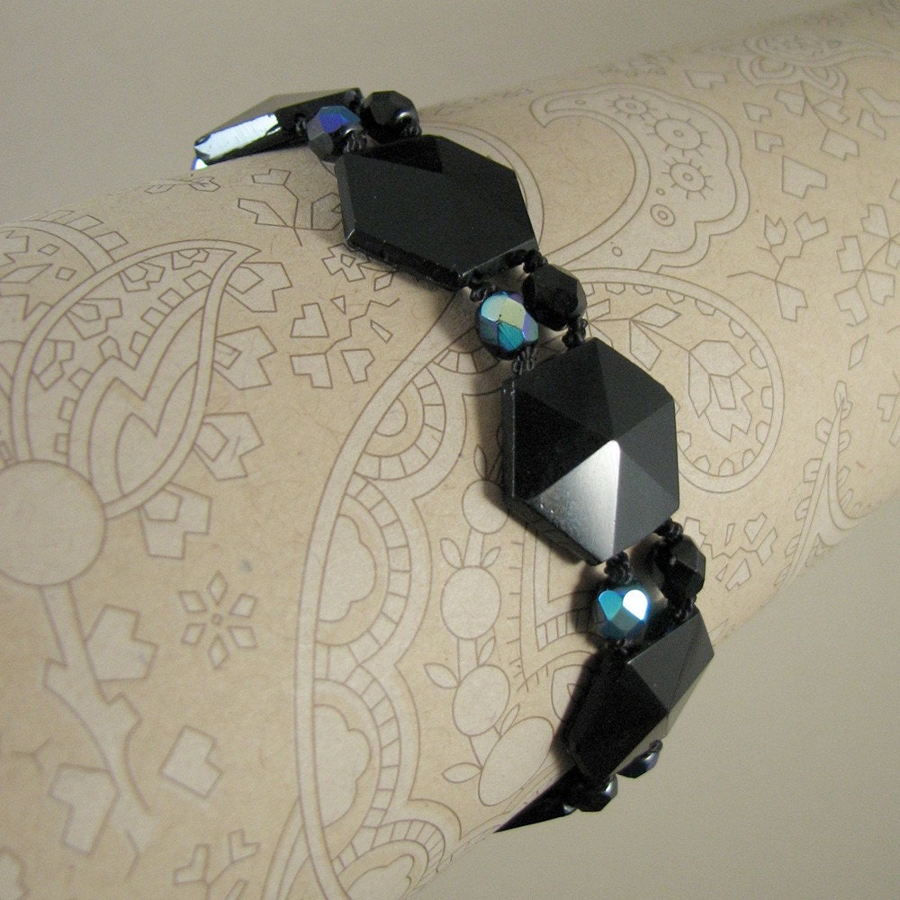 bracelet, vintage jet and fire polished beads, black