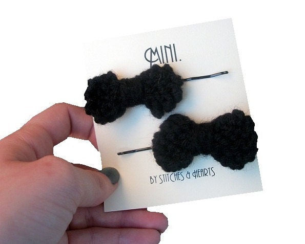 Bow Bobby Pins - Mini Knit Collection Bows in Black - under 10 stocking stuffer