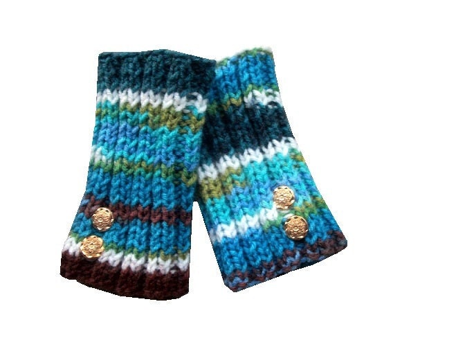Knit Fingerless Gloves in Peruvian Multicolor - blue, green, brown and tan