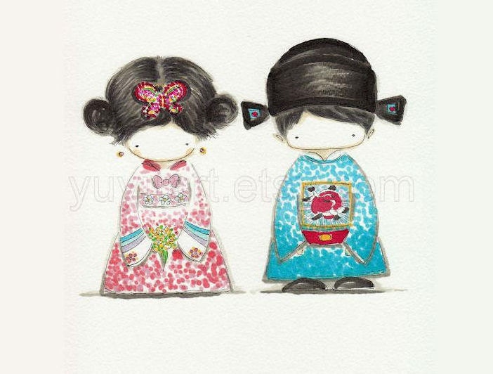 Cutie Korean Hanbok Couple--original hand drawn portrait