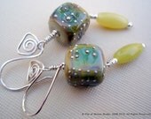 Earrings, Iridescent Waves, Lampwork Cubes Fine Silver, Blue, Green, Purple, Organic, Earthy
