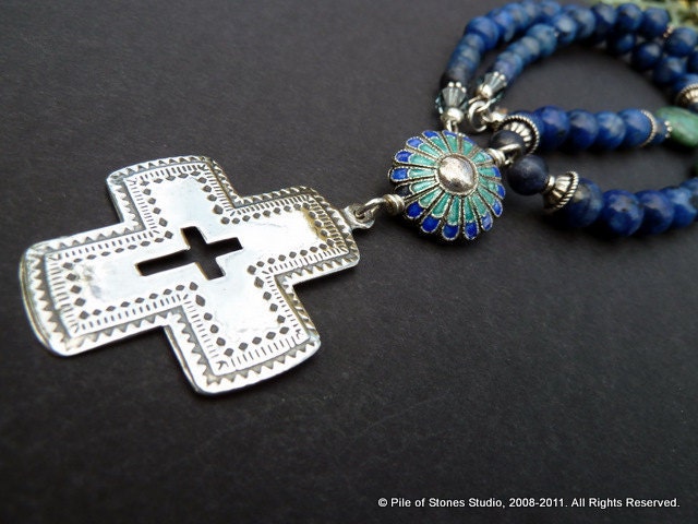 Necklace, Lauds, Vintage Sterling Silver Cross Pendant, Intriguing Vintage Enameled Medallion, Blue Stone and Chrysocolla Beads