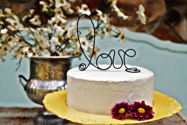 Whimsical wire Love Cake Topper Rustic farm style wedding Romance Inspired also available in yellow, lavender, silver and gold