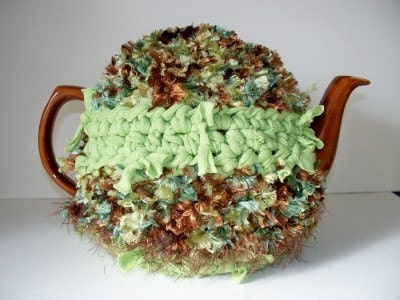 Tea Cozy Teapot Cosy Recycled Green Brown Crocheted