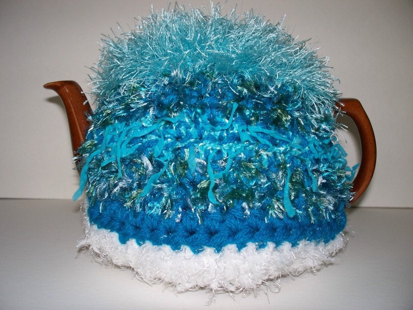Tea Cozy Handmade, Turquoise and White, Crocheted