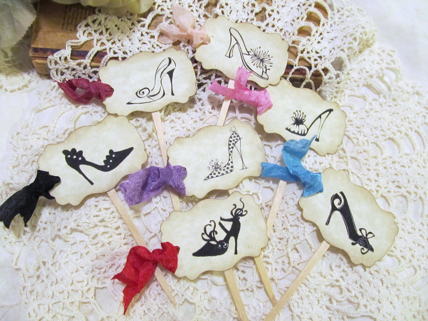 Glamour Shoe High Heels Cupcake Toppers Party Picks - Ribbon Color Choice- Set of 18