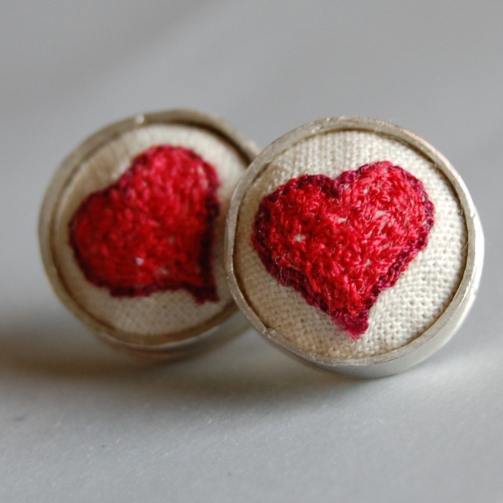 Handmade Sterling Silver Post Earrings with Embroidered Hearts