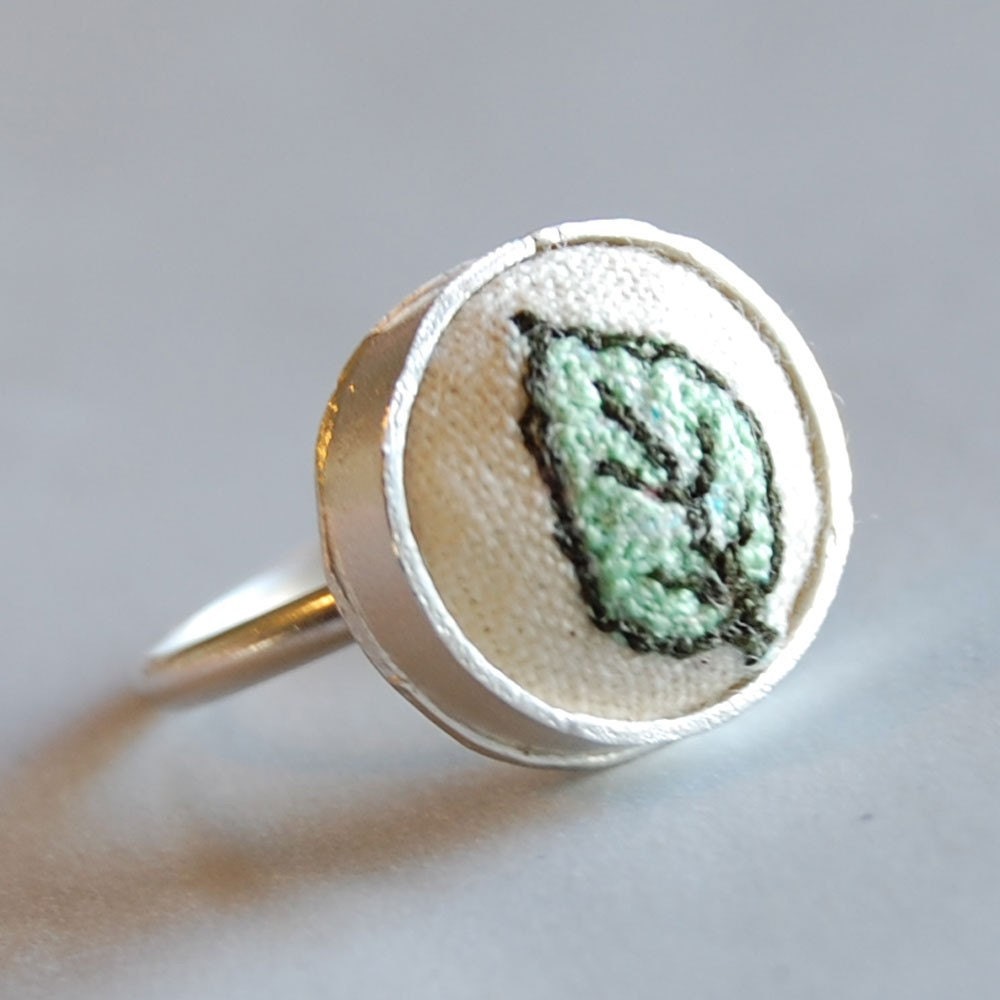 Handmade Sterling Silver Ring with Embroidered Leaf (custom sized)