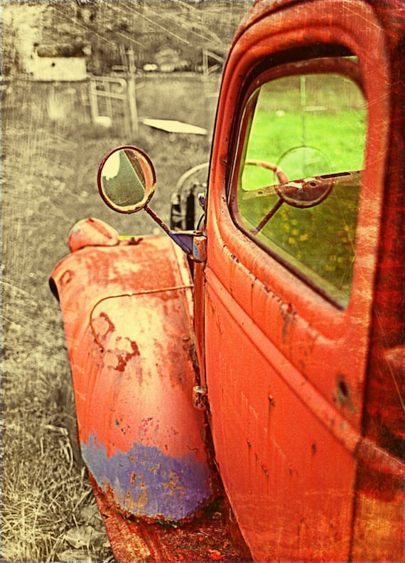 Fall photography, rustic decor, truck art, man cave, fall color, persimmon tango orange autumn rust vintage guy art - 8x10 photograph
