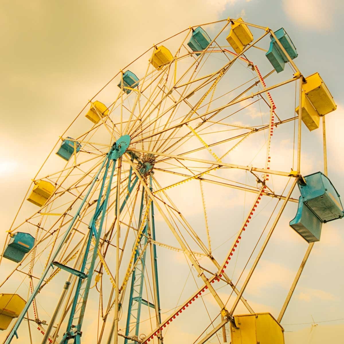 Ferris wheel photography - carnival art - nursery decor - teal blue mustard yellow circus print - 5x5  photograph