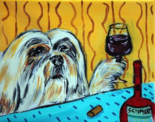 Lhasa Apso at the Wine Bar Dog Art Print 8x10