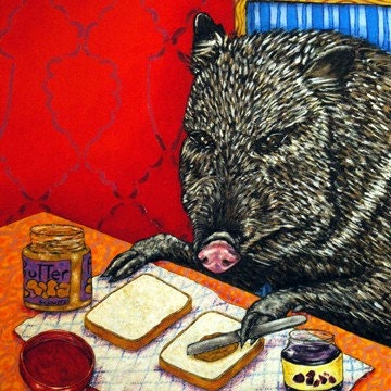 Javelina Making a Peanut Butter and Jelly Sandwich Animal Art Tile Coaster