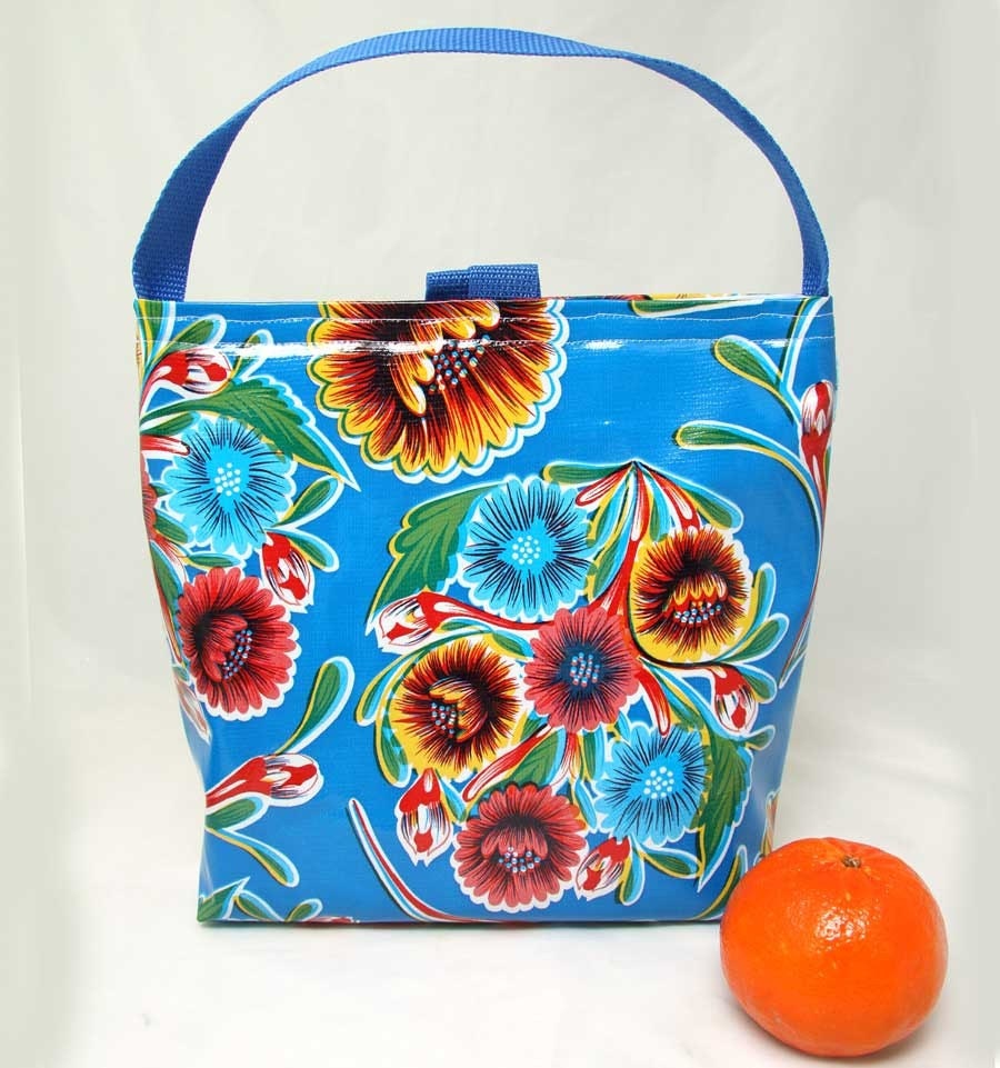 Insulated Lunch Bag Blue Mexican Floral Oilcloth by JulieMeyer