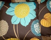 Two New Handmade Contemporary Modern 16 inch Chocolate Brown Blue Saffron Yellow Flower Print Designer Retro Cushion Covers,Pillow Cases,Pillow Covers, Pillowshams,Throw Pillow,NEW FABRIC