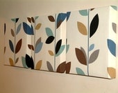 Set Of 3 Contemporary Modern Print Design Funky Duck Egg Blue Autumn Leaves Tree Wall Hanging Canvases Fabric Wall Art Wall Decor