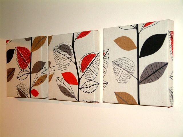 Handmade Set Of 3 Contemporary Modern Designer Retro Print Design Very Funky Red Grey Gray Brown Black Off White Leaf Branch Tree Print Wall Hanging Canvases Fabric Wall Art Wall Decor,NEW FABRIC