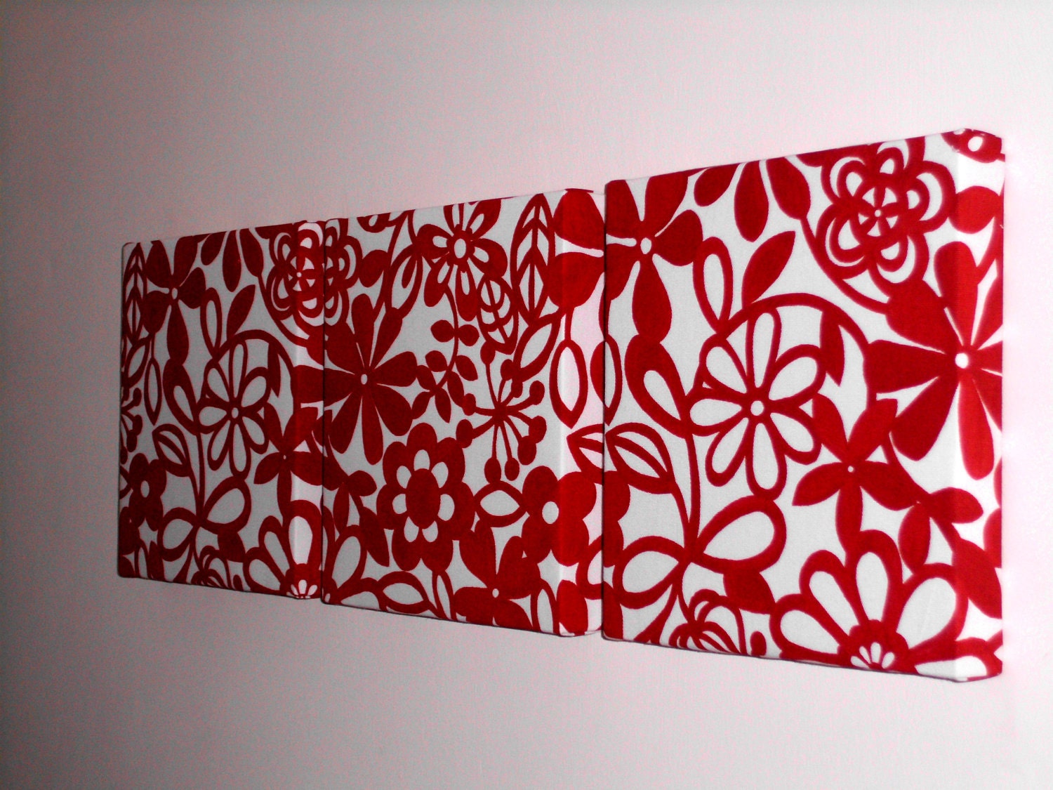 Handmade Set Of 3 Contemporary Modern Designer Retro Print Design Very Funky Red Abstract Flower Wall Hanging Canvases Wall Art.