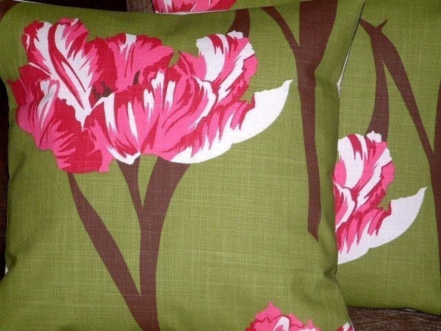 Two New Handmade Contemporary Modern 16 inch Green Pink Flower Print Designer Retro Cushion Covers,Pillow Cases,Pillow Covers, Pillowshams,Throw Pillow,NEW FABRIC