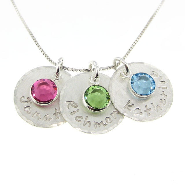 Hand stamped jewelry - Personalized necklace - THREE NAMES Hammered edge sterling silver necklace with birthstones
