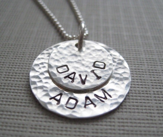 TWO NAMES Round pendants - Hand stamped sterling silver / Personalized keepsake necklace