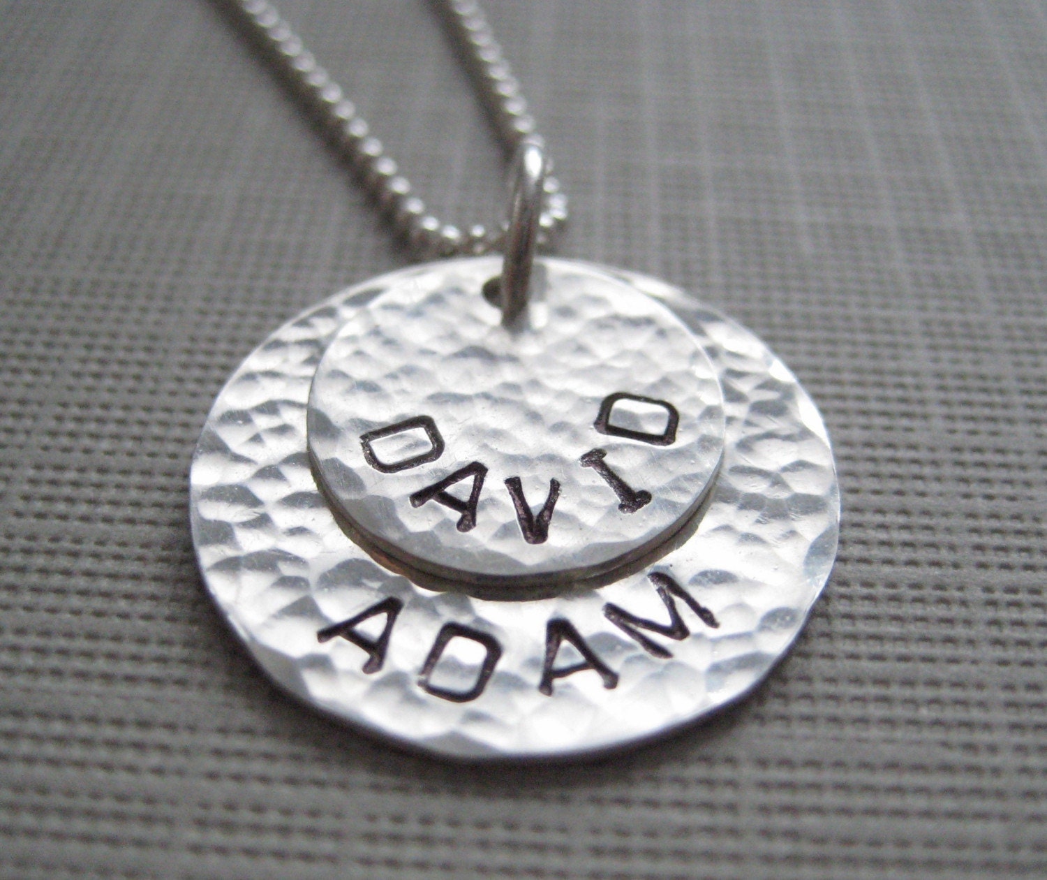 TWO NAMES Round pendants - Hand stamped sterling silver / Personalized keepsake necklace