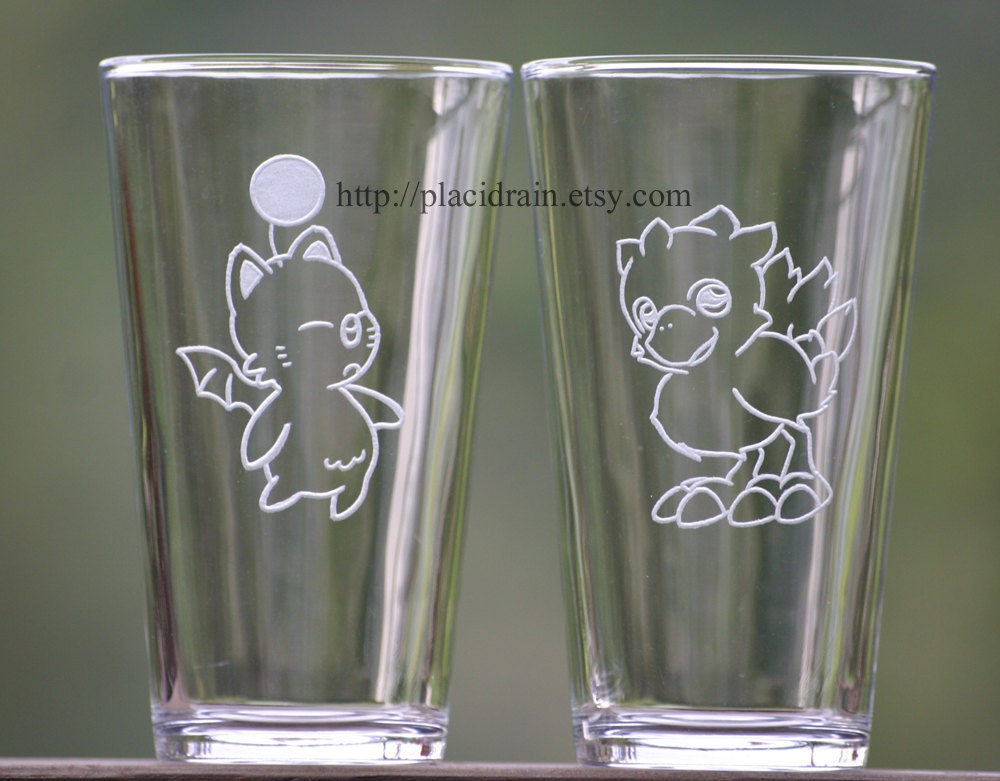 MOOGLE and CHOCOBO Hand Engraved Fanart (Glass Set- 16 oz. each) -- Tempered glass --